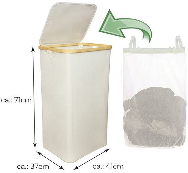 Bestlivings Wäschekorb mit Bambusrahmen inkl. herausnehmbarer Tasche, 100L, 41x37x71cm, seitliche Griffe, Wäschebox, faltbar, hygienisch