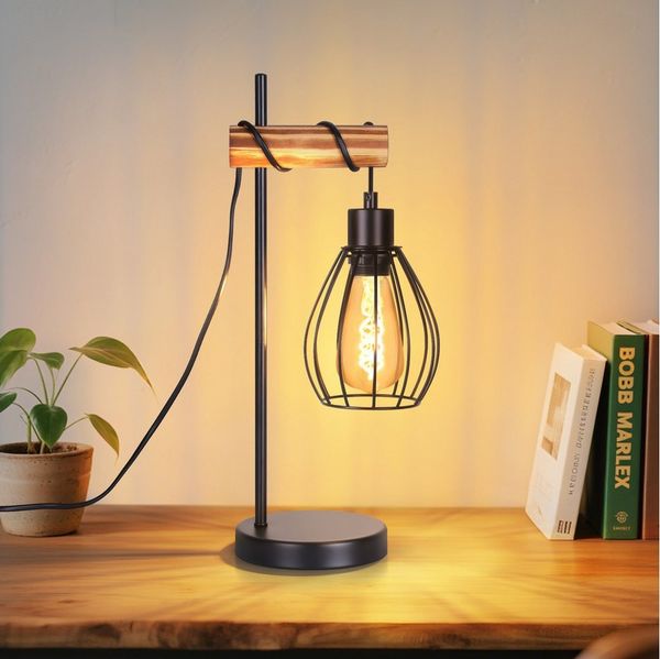 Nettlife Tischleuchte Vintage Industrie Metall Holz Schwarz E27 50cm Retro Nachttischleuchte, mit Kippschalter, LED wechselbar, ohne Leuchtmittel, Wohnzimmer Schlafzimmer Kinderzimmer Esszimmer