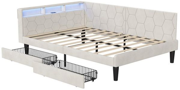 Gdood Polsterbett Daybett Tagesbett Ausziehbett LED 90 x 200 cm Samtstoff (1-tlg, LED-Beleuchtung, Ladestation, in 2 Größen verfügbar), 2 Schubladen, Kopfteil Verwandelt sich in ein Bett