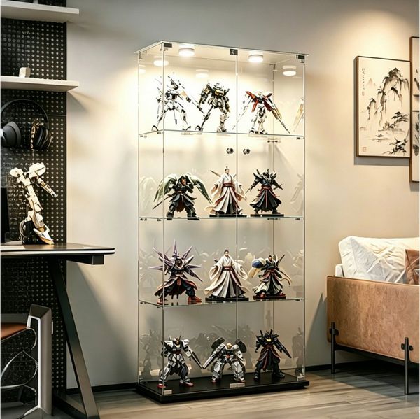 Simurq Glasvitrine Standvitrine aus gehärtetes Glas,Vitrinenschrank Glas mit beleuchtung (Standvitrinen mit 2 Glastür und 4 Lagen,Glasschrank mit Schloss) Sammlervitrine mit Kippsicherung,Modernes rahmenloses Design