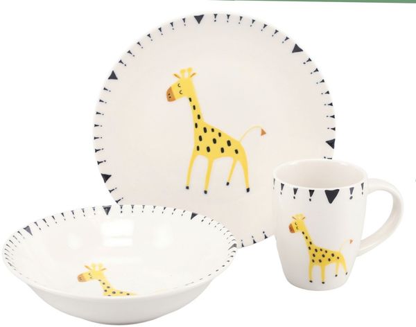 CreaTable Kindergeschirr-Set Safari Giraffe, Kinder Set 3-tlg. (3-tlg), 1 Personen, Steinzeug, gezeichnete Tiermotive, skandinavischer Stil, Ethno-Style Motive