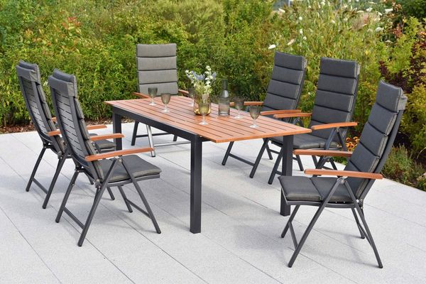 MERXX Garten-Essgruppe Tinos, (Set, 13-tlg), inkl. 6 Klappsessel, 6 Auflagen, 1 Ausziehtisch