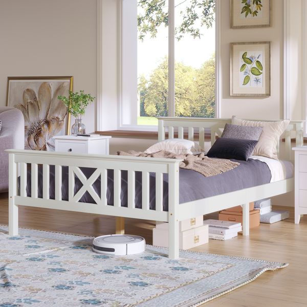 Bettgestell mit X-förmigem Kopfteil, Kiefernholz 140x200 cm, Stauraum unter dem Bett, stabil und modern