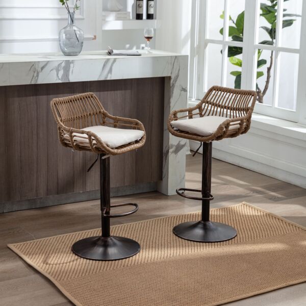 Flieks Rattan-Barhocker 2er Set mit weißem Kissen & Fußstütze, Outdoor Barhocker, verstellbar für Küche, Esszimmer & Außenbereich, Braun