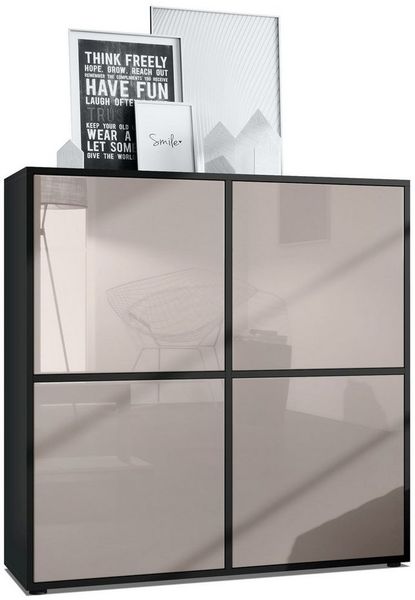Highboard Cuba V2 Schrank 104 x 105,5 x 35,5 cm Sideboard mit 8 Fächern, Korpus in Schwarz matt / Fronten in Sandgrau Hochglanz