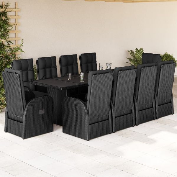 vidaXL 11-tlg. Garten-Essgruppe mit Kissen Schwarz Poly Rattan 3277644