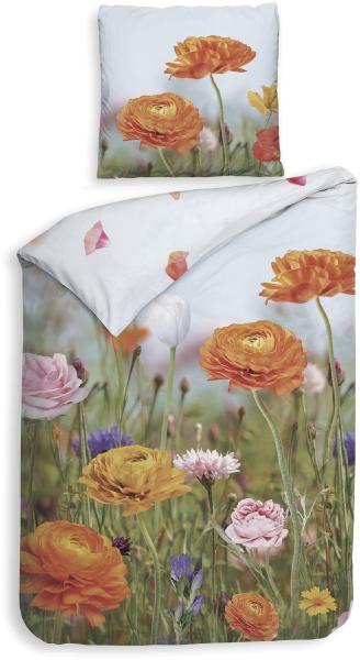 Heckett & Lane Mako-Satin Bettwäsche 155x220 Sonja Blumen Wiese orange rosa