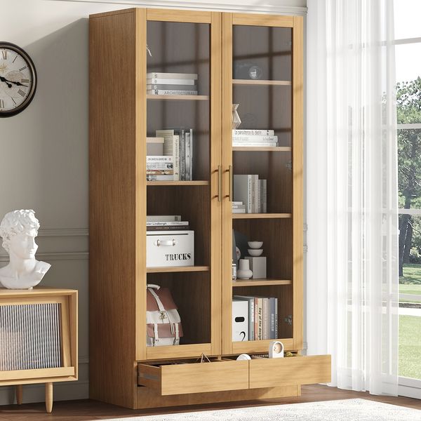 Vitrinenschrank mit Glasfront, Push-To-Open Schublade und Anti-Kipp-Sicherung,Aufbewahrungsschrank mit 4+5 Regalfächern