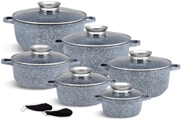 Edenberg Topf-Set Graue Töpfe Keramik-marmorbeschichtung Suppentopf, Kompotttopf, Aluminiumguss (sehr hochwertig, 12-tlg, Zeitloses Design des Topfsets. Eine ideale Geschenkidee)