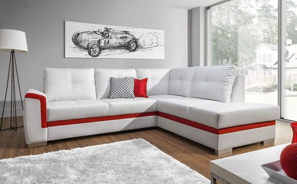 Ecksofa Schlafsofa VERONIK Weiss / Rot Ottomane Rechts