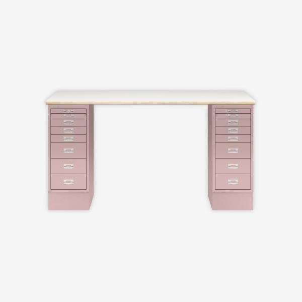 MultiDesk, 2 MultiDrawer mit 8 Schüben, Dekor Plywood, Farbe Pastellpink, Maße: H 740 x B 1400 x T 600 mm