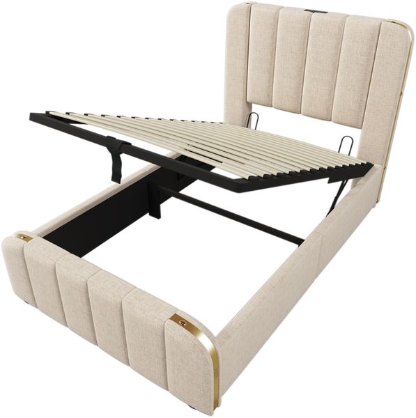 Polsterbett 90×200 cm mit hydraulischem Bettkasten, USB-C, Metallakzenten, Beige, mit Matratze Bild 8
