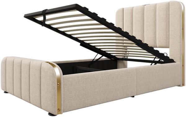 Polsterbett 90×200 cm mit hydraulischem Bettkasten, USB-C, Metallakzenten, Beige, mit Matratze Bild 9