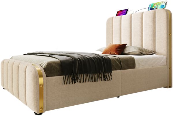 Polsterbett 90×200 cm mit hydraulischem Bettkasten, USB-C, Metallakzenten, Beige, mit Matratze Bild 6