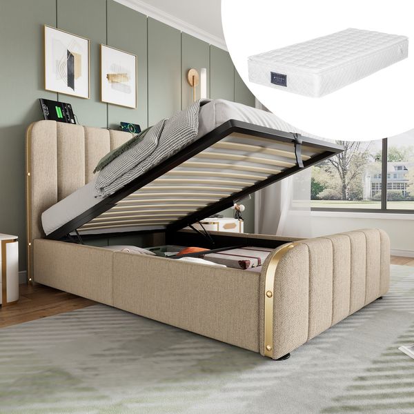 Polsterbett 90×200 cm mit hydraulischem Bettkasten, USB-C, Metallakzenten, Beige, mit Matratze
