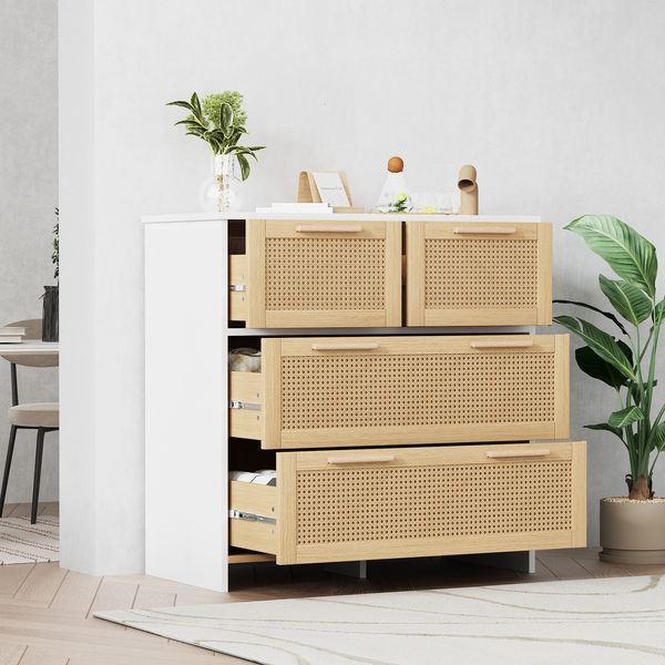 Kommode mit Rattanfronten, 4 Schubladen, 80 x 38 x 80 cm, Natur/Weiß