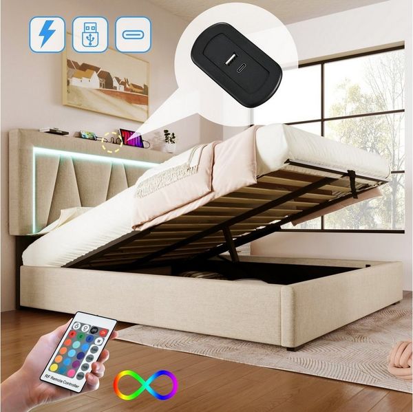 Flieks Polsterbett, LED Doppelbett Stauraumbett + USB/Typ-C Ladefunktion 160x200cm Leinen