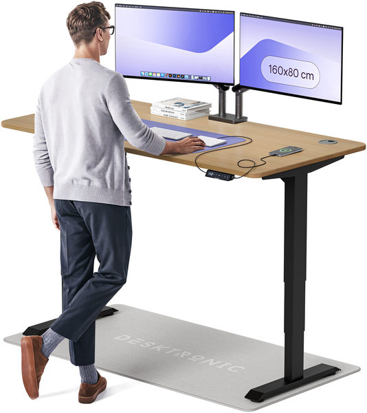 Desktronic HomePro Elektrisch höhenverstellbarer Schreibtisch 160x80cm Massive Eiche/Schwarz mit Memory-Funktion, Anti-Kollisions Technologie, USB-A und USB-C-Ladeanschlüssen