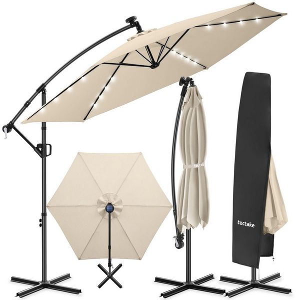 tectake Ampelschirm Sonnenschirm mit Doppeldach und LED Solar-Beleuchtung, 3x3 m, Balkonschirm Artemis, für Außen in Beige, 360° drehbar, wasserabweisend, neigbar, Kurbel, inkl. Schutzhülle