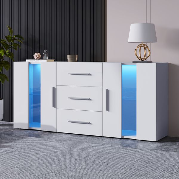 Sideboard 140x35x70 cm, weiß, mit 16‑Farben LED & 3 Schubladen