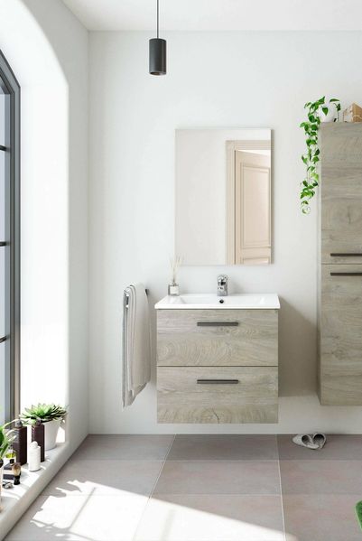 Dmora Waschbeckenunterschrank Fontana, Badschrank mit 2 Schubladen, Hängeschrank mit Spiegel, Waschbecken Nicht im Lieferumfang enthalten, 60x45h57cm, Eiche