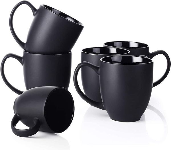 Dowan Becher Keramik Kaffeebecher 6er Set – 470 ml, große schwarze Kaffeetassen, Keramik