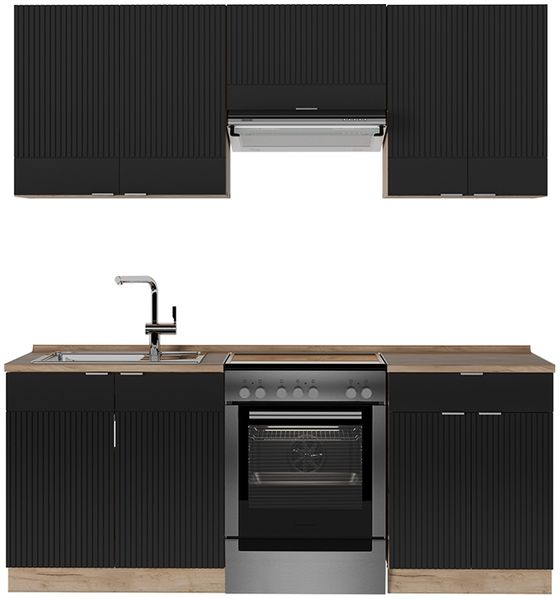 Küchenzeile Fame-Line Schwarz gestreift/Goldkraft Eiche 200 cm , AP Eiche Vicco