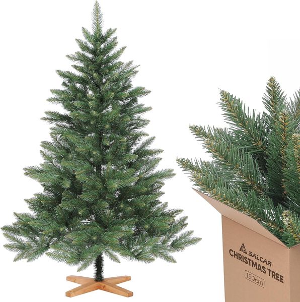 SALCAR 150cm Weihnachtsbaum Künstlich mit Holzständer, PVC Nadeln, Realistischer Christbaum, Hochwertige Dekoration für Innenräume, Einfacher Aufbau