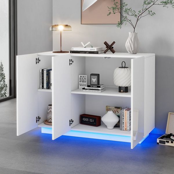 REDOM Sideboard Anrichte Weiß Hochglanz Wohnzimmerschrank (Buffetschrank, Küchenmöbel, Anrichte, Wohnzimmerschrank, 1 St, 3 Türen), mit LED-Licht