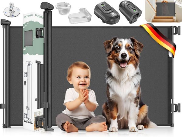 KIDIZ® Treppenschutzgitter Türschutzgitter ausziehbar bis 140/180cm | kindersicheres Treppengitter für Babys & Haustiere | Schutzgitter Treppen & Türen Absperrgitter inkl. Bodenanker & Montagezubehör Schwarz, 0-140cm