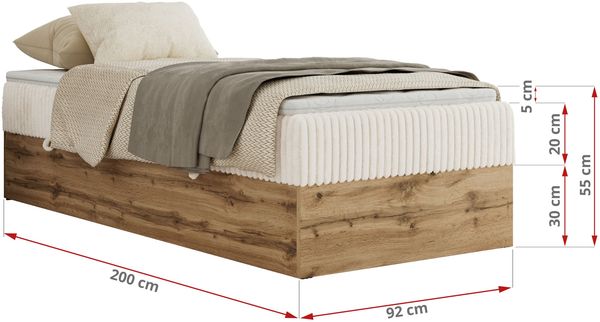 Boxspringbett, Einzelbett WOOD ZERO 90 x 200 cm, Hotelbett ohne Kopfteil, Bett mit Stauraum, 7-Zonen Multipocket-Matratze - Beige Cordstoff - H4 - Topper Visco Bild 6