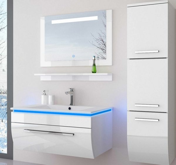 Homeline Badmöbel-Set Badmöbel Set Weiß Hochglanz lackiert LED System tauschsystem, (Komplette Set ohne wasch dich Armatur und Ablaufgarnitur, 5-St, Set Angebot), Hochglanz lackiert tauschsystem inklusiv LED