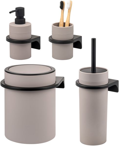bremermann Bad-Accessoires Set SAVONA 4tlg. bestehend aus 1x Seifenspender, 1x Becher, 1x WC-Garnitur, 1x Kosmetikeimer aus Kunststoff in Taupe