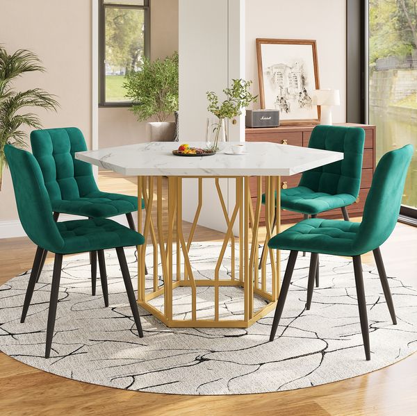 Esstisch Set 5-teilig sechseckiger Marmortisch 115,5x100x75 cm & 4 grüne Samtstühle