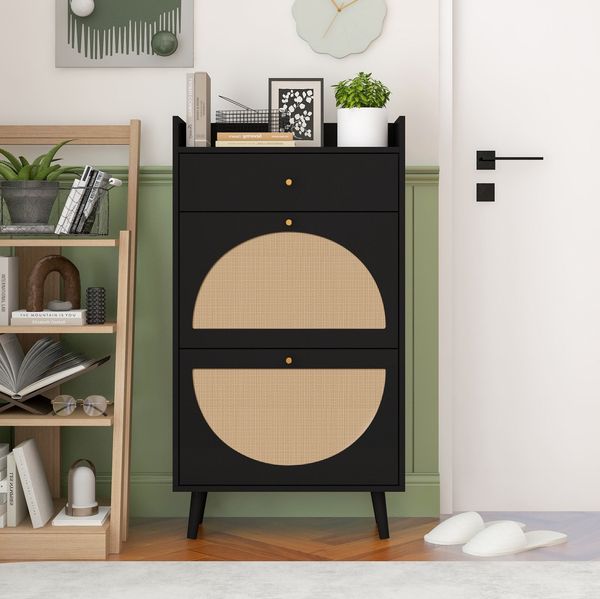 Schuhschrank B 60 cm in Schwarz mit 2 Türen, 1 Schublade und Rattan-Optik