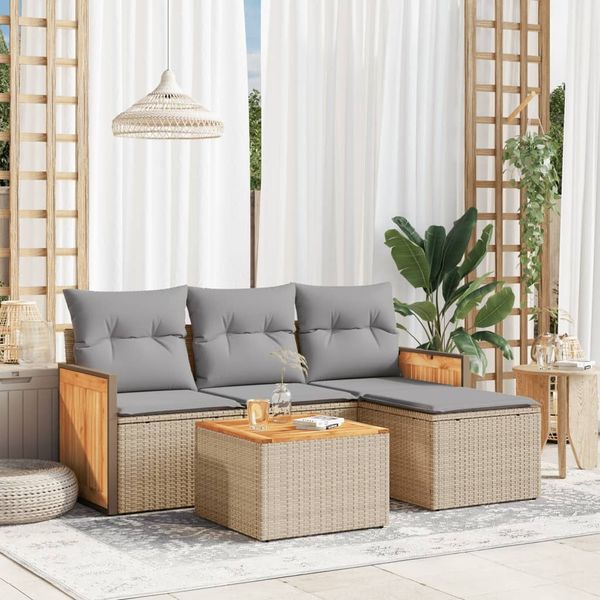 vidaXL 5-tlg. Garten-Sofagarnitur mit Kissen Beige Poly Rattan 3227592