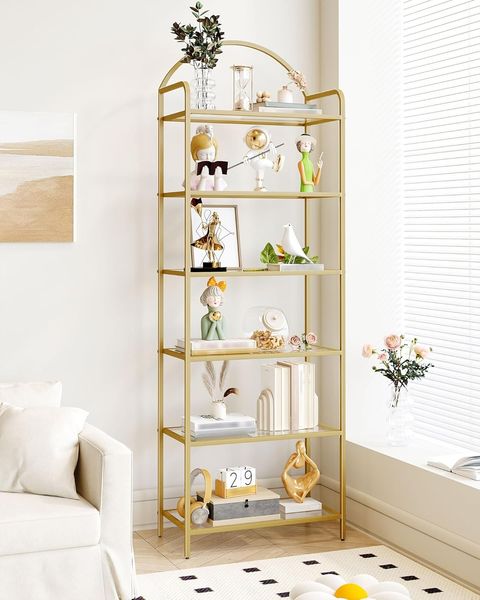 Regal, Bücherregal aus gehärtetem Glas, schlankes Regal für Schlafzimmer, Badezimmer, Heimbüro, Stahlrahmen, 6 Ablagen Gold
