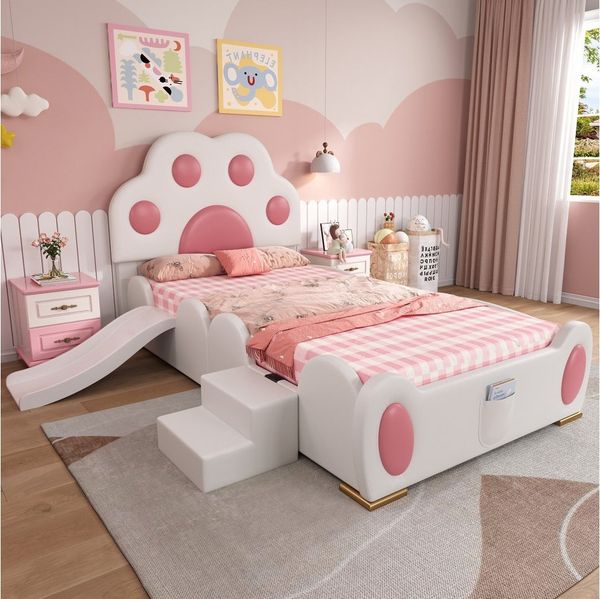 Flieks Polsterbett, Kinderbett 90x200cm mit Katzenpfotenform-Kopfteil, Rutsche und Treppe