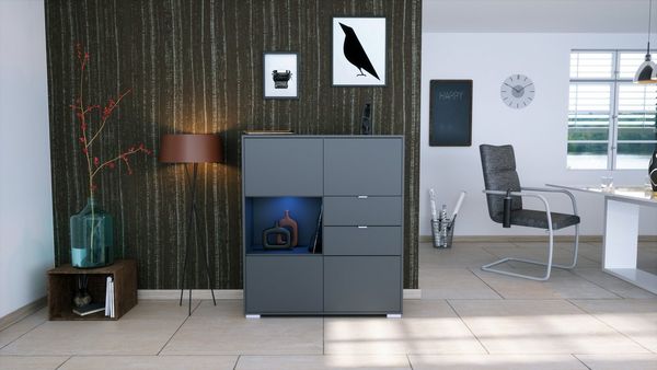 Vladon Highboard Milano V1 (Highboard mit 4 Tür Anthrazit matt, 2 Schubladen Anthrazit matt, inkl. LED, Made in Germany), Korpus Anthrazit matt (103 x 118 x 37 cm)