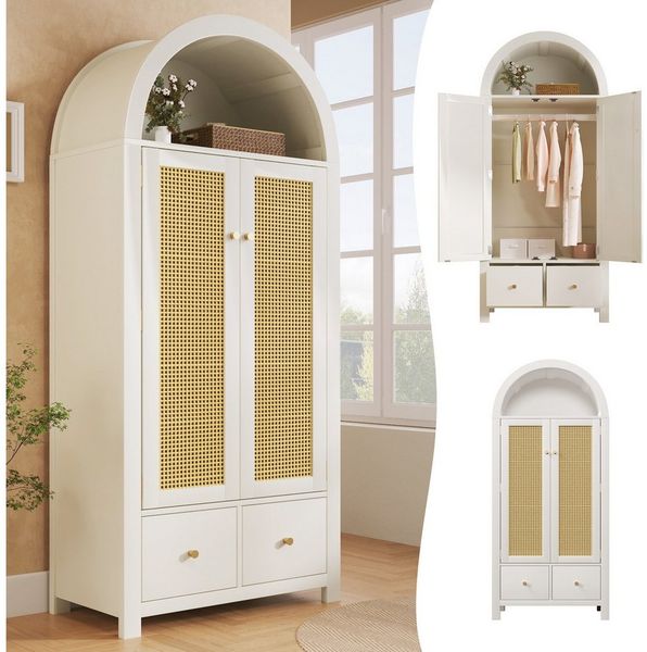 Flieks Kleiderschrank Garderobenschrank 78x45x181cm mit 2 Schubladen und 2 Türen, Rattan