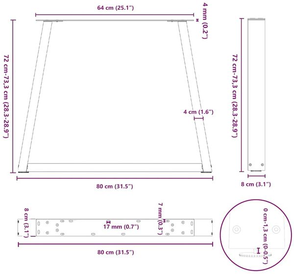 vidaXL Esstischbeine V-Form 2 Stück Naturstahl 80x(72-73,3) cm Stahl 4012575 Bild 11