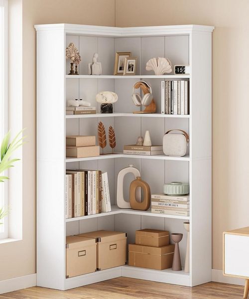 GarveeMore Bücherregal 5-stöckiges,Eck-Bücherregal, L-förmiges Holz Eckregal, Bauernhaus-Bücherregal,Aufbewahrung,Ausstellungsregal,Wohnzimmer