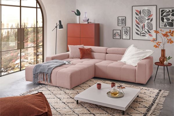 KAWOLA Sofa RENO Ecksofa Feincord rosa mit motorischem Sitzvorzug Longchair links 68 x 217 x 258 cm