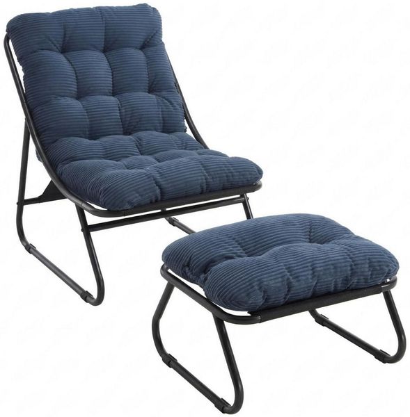 LVHOM Loungesessel mit Hocker, wasserdichtem Stahlrahmen, ergonomisch, für In-/Outdoor (Relaxsessel, bequeme Sitzfläche, Hocker als temporärer Sitz/Schuhwechselbank, rutschfestes Design, rostfreier Metallrahmen, Tragfähigkeit 130 kg), für Garten, Balko...