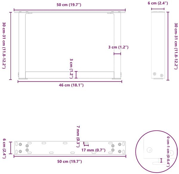 vidaXL Couchtischbeine U-Form 2 Stk. Schwarz 50x(30-31) cm Stahl 4013136 Bild 10