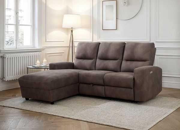 Massivart® Ecksofa Microfaser braun 216x156 cm / Relaxfunktion & USB / Palina, Federkern, Stauraum, Ottomane links, Kontrastnaht