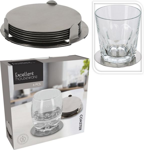 Koopman Getränkeuntersetzer Glasuntersetzer Ø 8,5 cm Edelstahl + Halter Tassenuntersetzer, 6-tlg, 6tlg, Edelstahl, Ø 8,5 cm, mit Halter, Unterseite gummiert