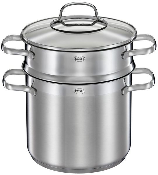 RÖSLE ELEGANCE Pastatopf, Hochwertiger Edelstahltopf zur Zubereitung von Nudeln oder Gemüse, 5 Liter, Edelstahl 18/10, Pastaeinsatz, Innenskalierung, Induktionsgeeignet, Spülmaschinengeeignet