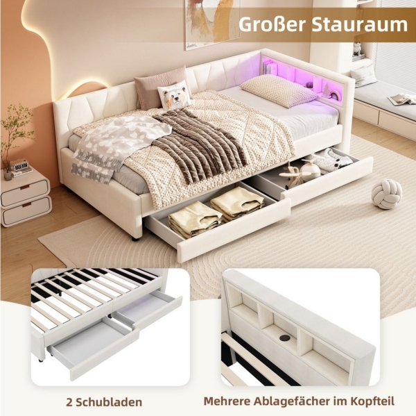 REDOM Polsterbett Stauraumbett Daybett Kinderbett Jugendbett Einzelbett (Tagesbett mit LED-Licht & USB/Typ-C Ladeanschluss, Schlafsofa mit Stauraum und Leinen-Bezug, ideal für Schlafzimmer und Jugendzimmer, 90x200cm), Ohne Matratze Bild 3