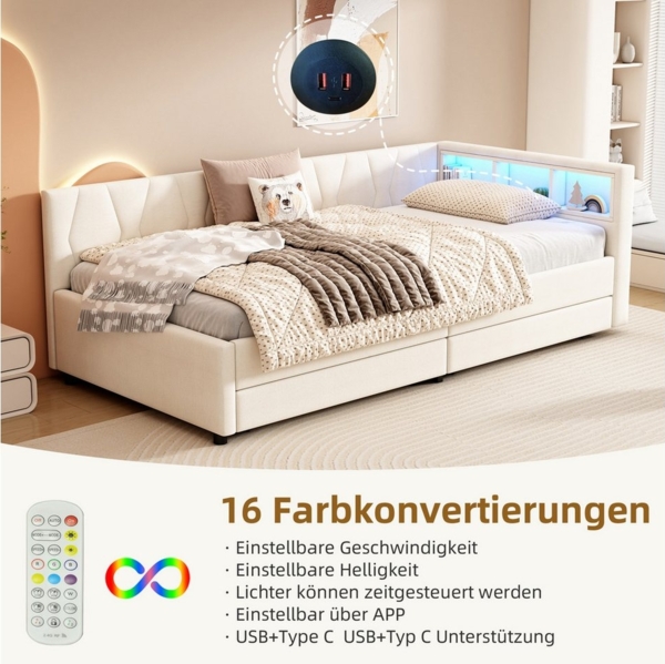 REDOM Polsterbett Stauraumbett Daybett Kinderbett Jugendbett Einzelbett (Tagesbett mit LED-Licht & USB/Typ-C Ladeanschluss, Schlafsofa mit Stauraum und Leinen-Bezug, ideal für Schlafzimmer und Jugendzimmer, 90x200cm), Ohne Matratze Bild 2
